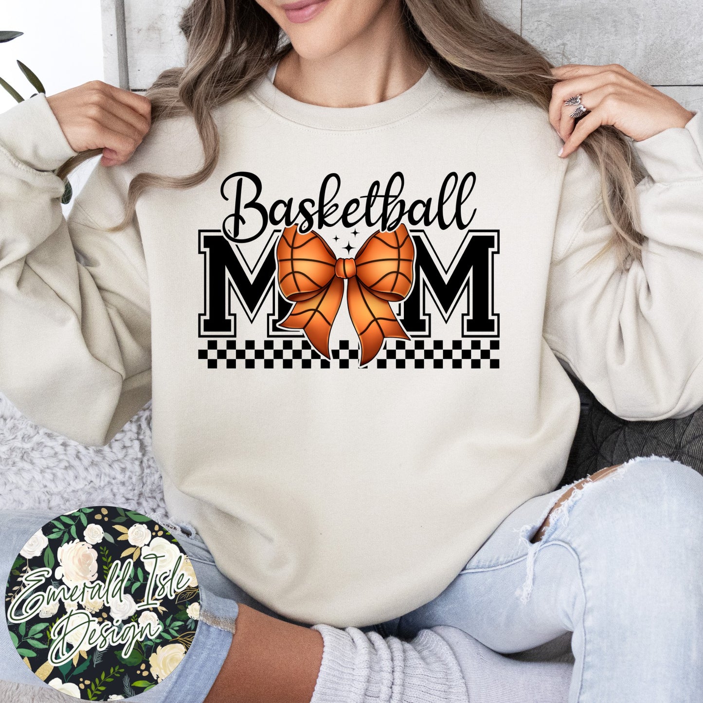 Basketball Mom Bow with CUSTOM OVERSIZED BACK Design Crewneck Sweatshirt