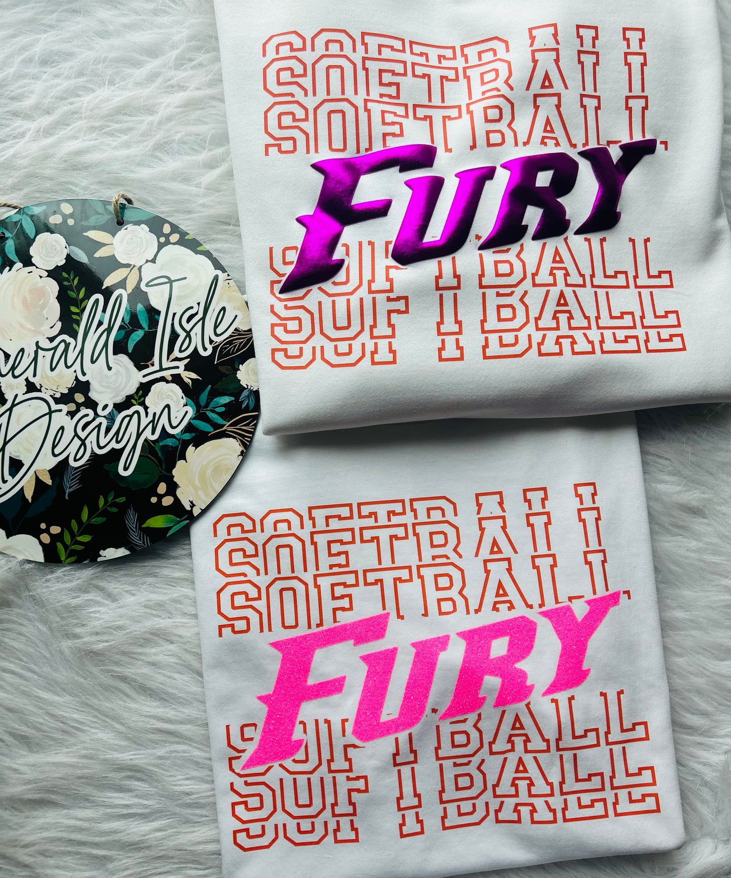 Fury Softball Repeat Design with Option of Glitter or Metallic Puff Design On Gildan Unisex Apparel