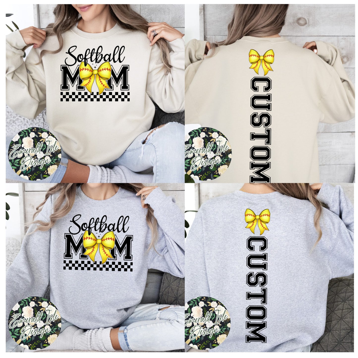 Softball Mom Bow with CUSTOM OVERSIZED BACK Design Crewneck Sweatshirt