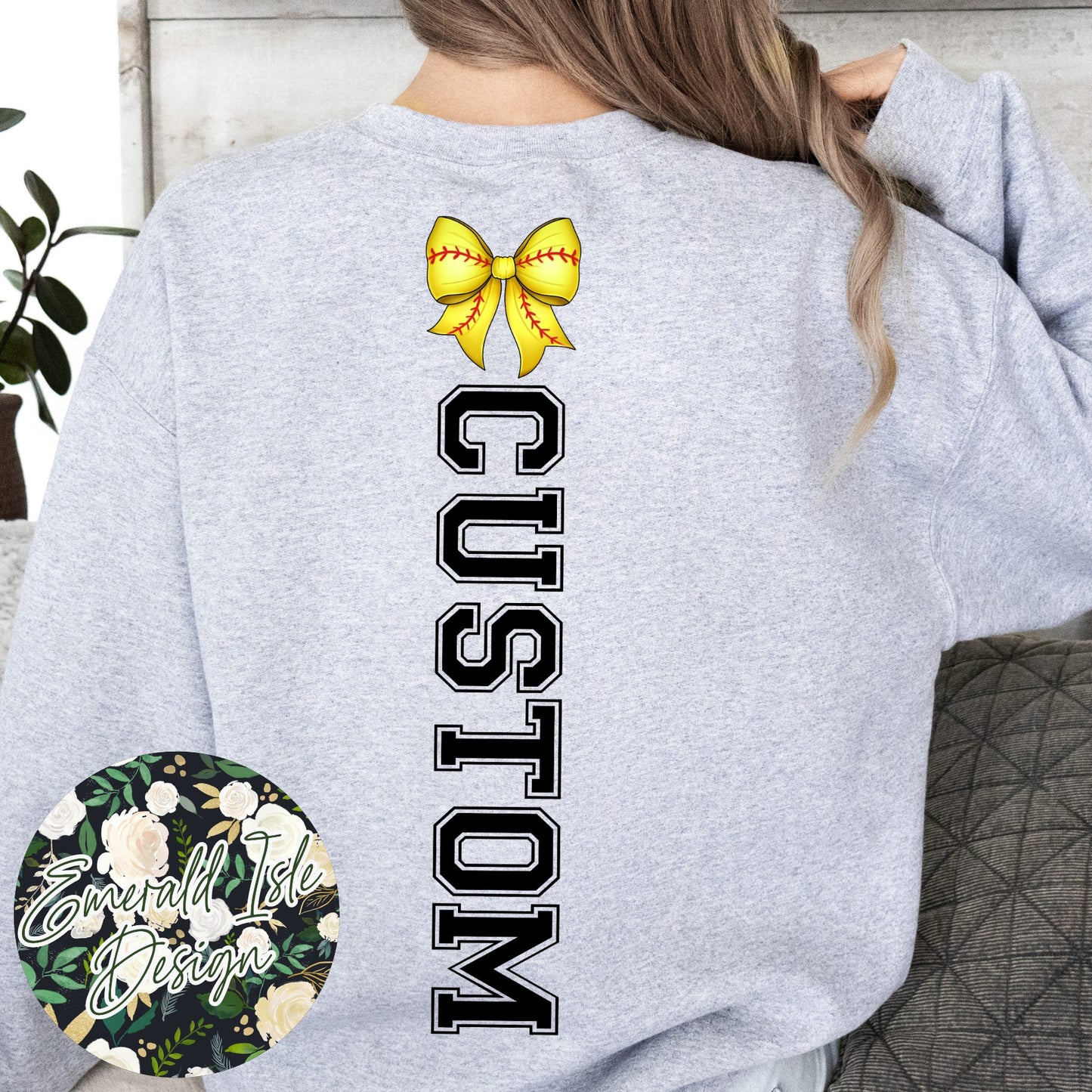 Softball Mom Bow with CUSTOM OVERSIZED BACK Design Crewneck Sweatshirt