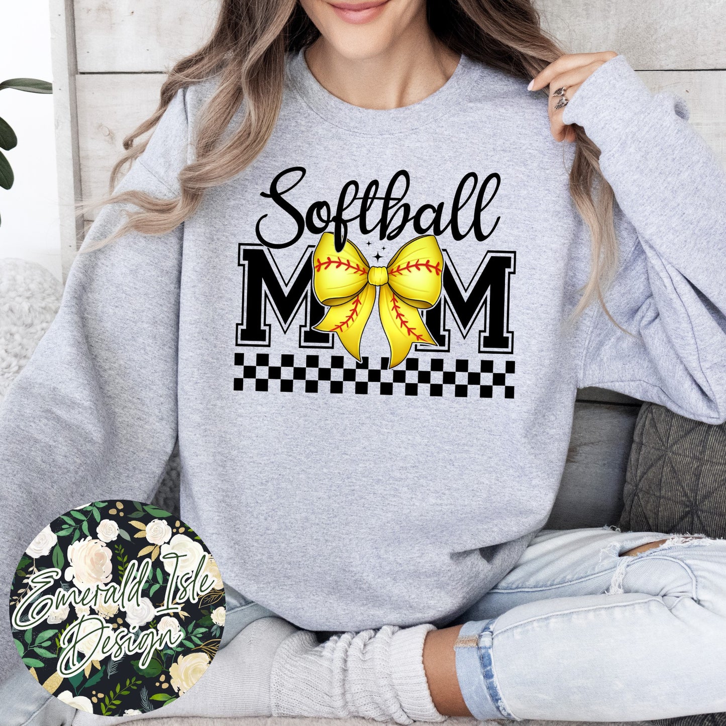 Softball Mom Bow with CUSTOM OVERSIZED BACK Design Crewneck Sweatshirt