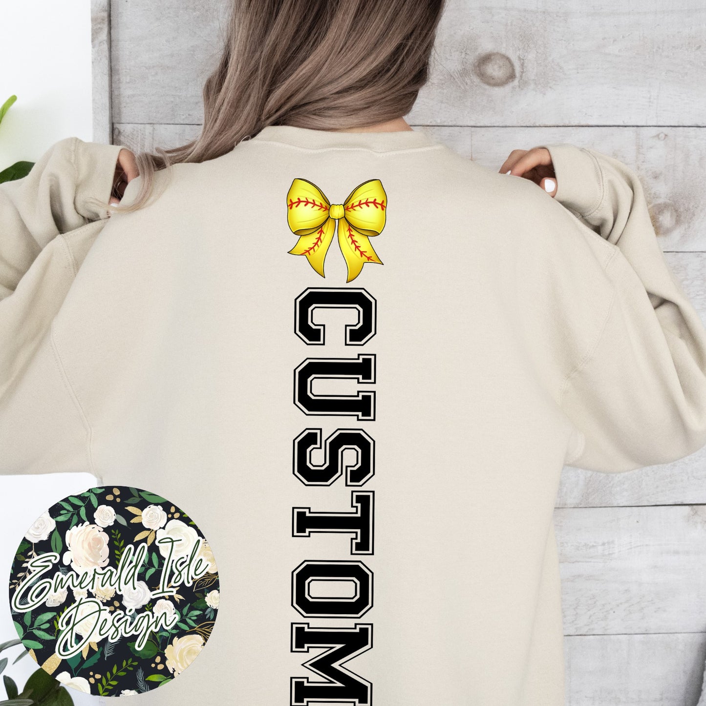 Softball Mom Bow with CUSTOM OVERSIZED BACK Design Crewneck Sweatshirt
