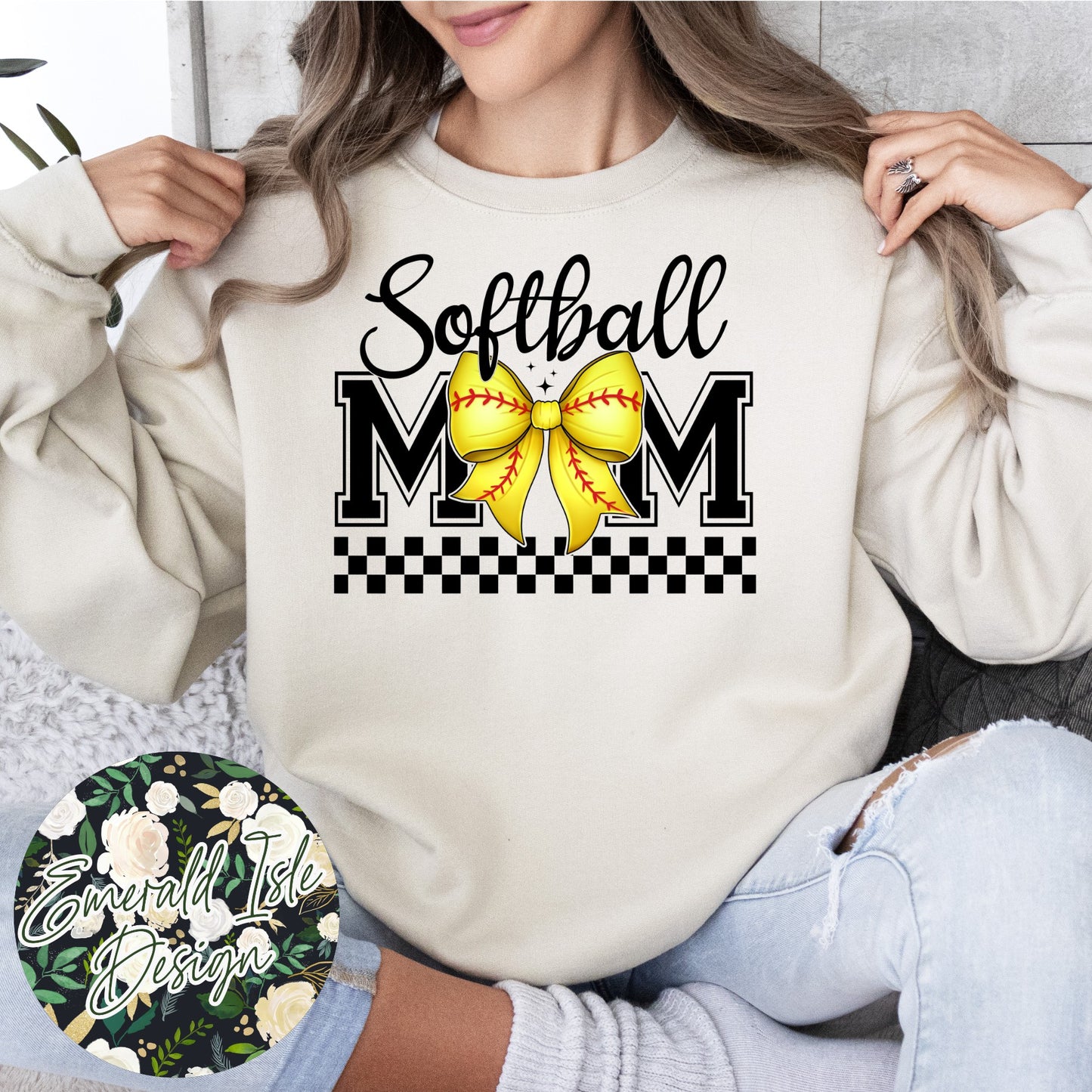 Softball Mom Bow with CUSTOM OVERSIZED BACK Design Crewneck Sweatshirt