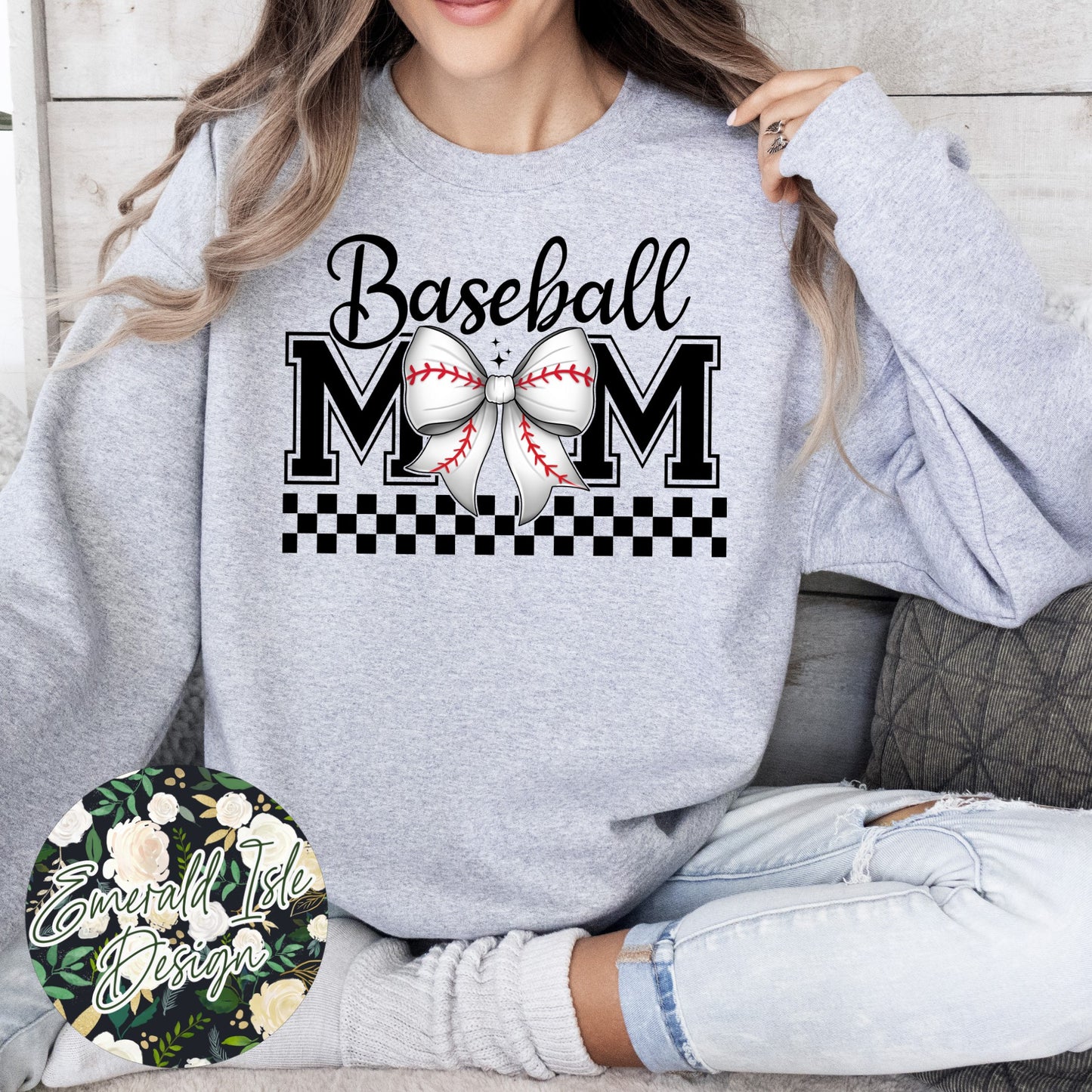 Baseball Mom Bow with CUSTOM OVERSIZED BACK Design Crewneck Sweatshirt