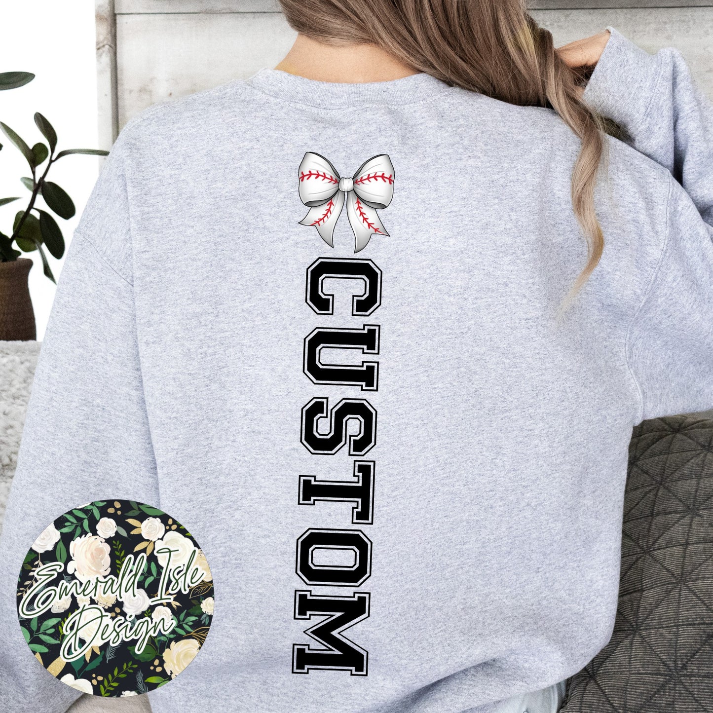 Baseball Mom Bow with CUSTOM OVERSIZED BACK Design Crewneck Sweatshirt