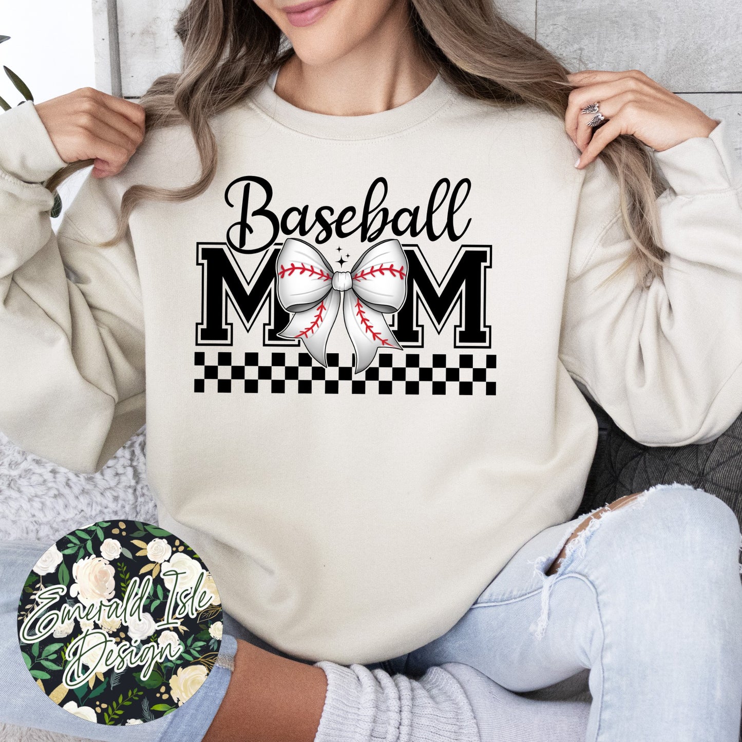 Baseball Mom Bow with CUSTOM OVERSIZED BACK Design Crewneck Sweatshirt