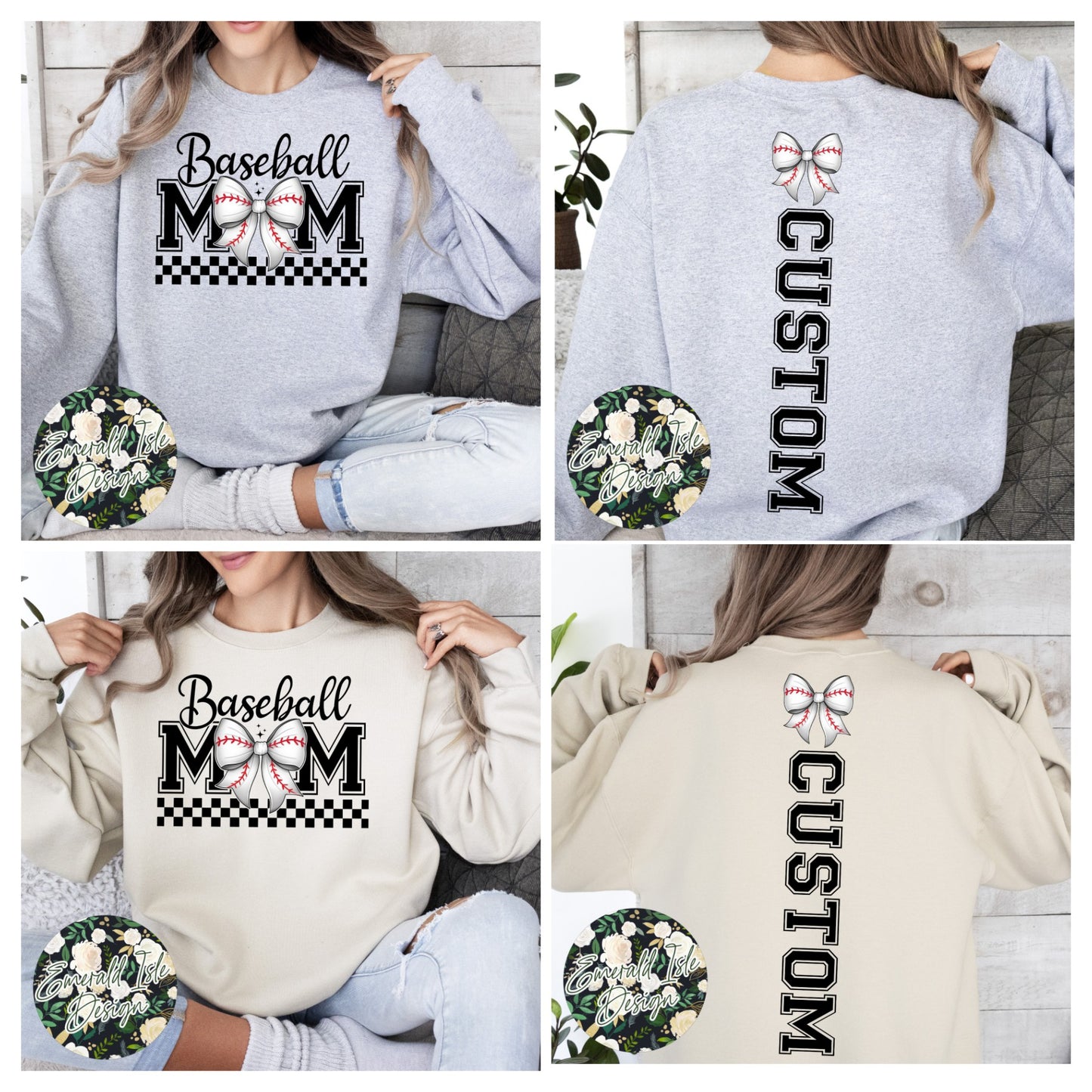 Baseball Mom Bow with CUSTOM OVERSIZED BACK Design Crewneck Sweatshirt