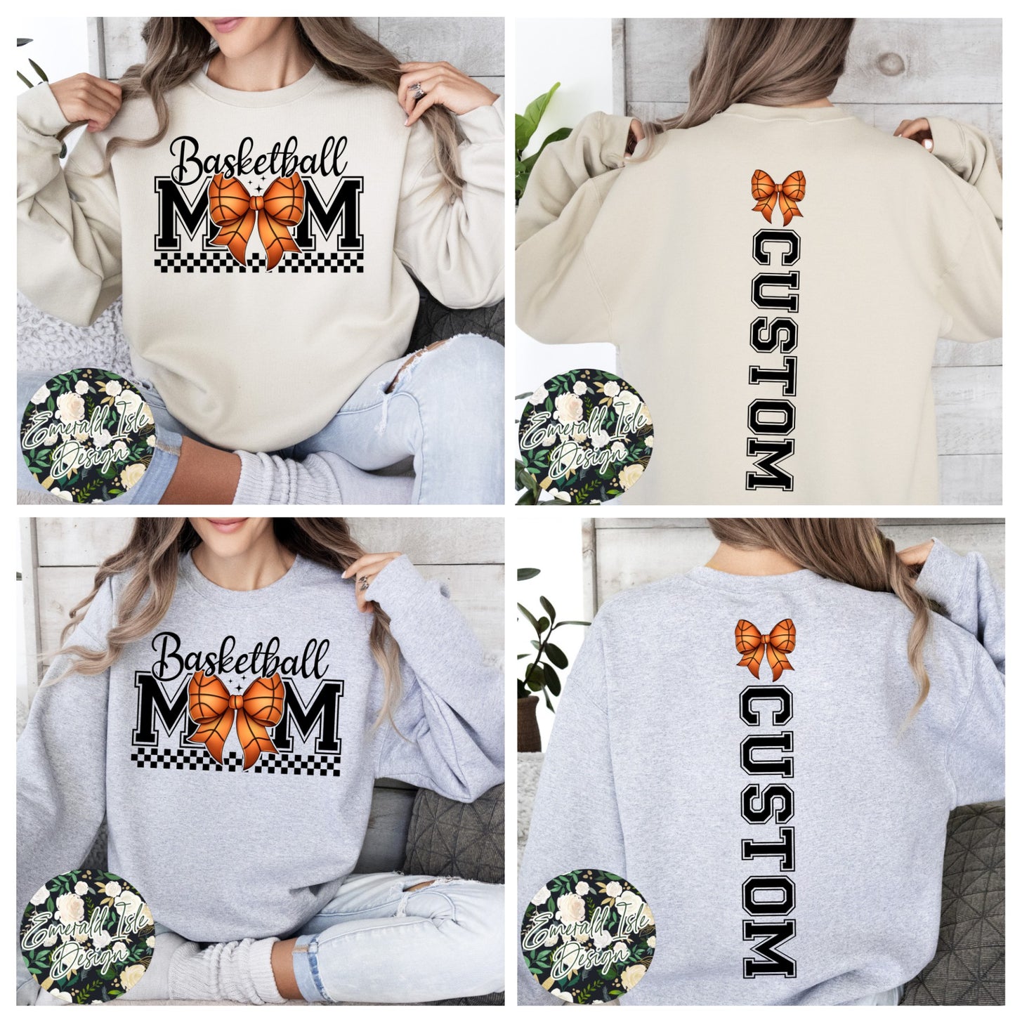 Basketball Mom Bow with CUSTOM OVERSIZED BACK Design Crewneck Sweatshirt