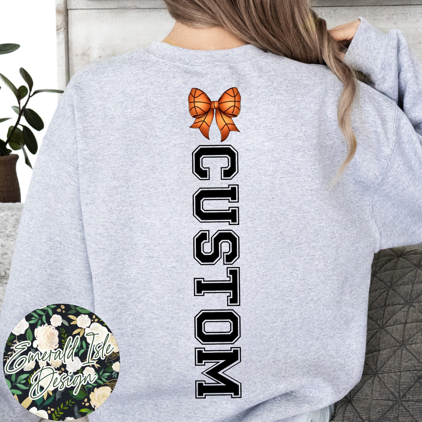 Basketball Mom Bow with CUSTOM OVERSIZED BACK Design Crewneck Sweatshirt