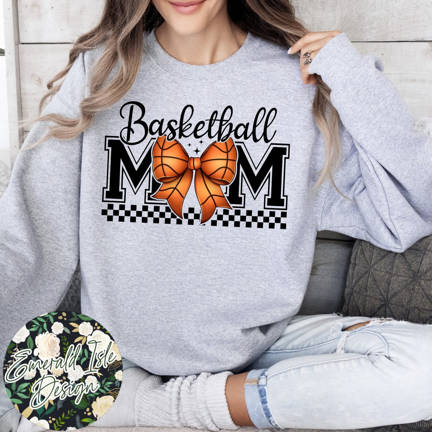 Basketball Mom Bow with CUSTOM OVERSIZED BACK Design Crewneck Sweatshirt