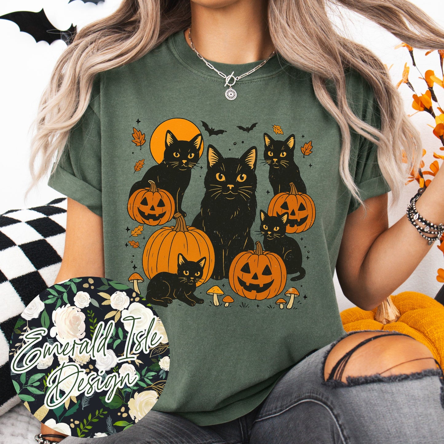 Vintage Black Cats and Pumpkins Design