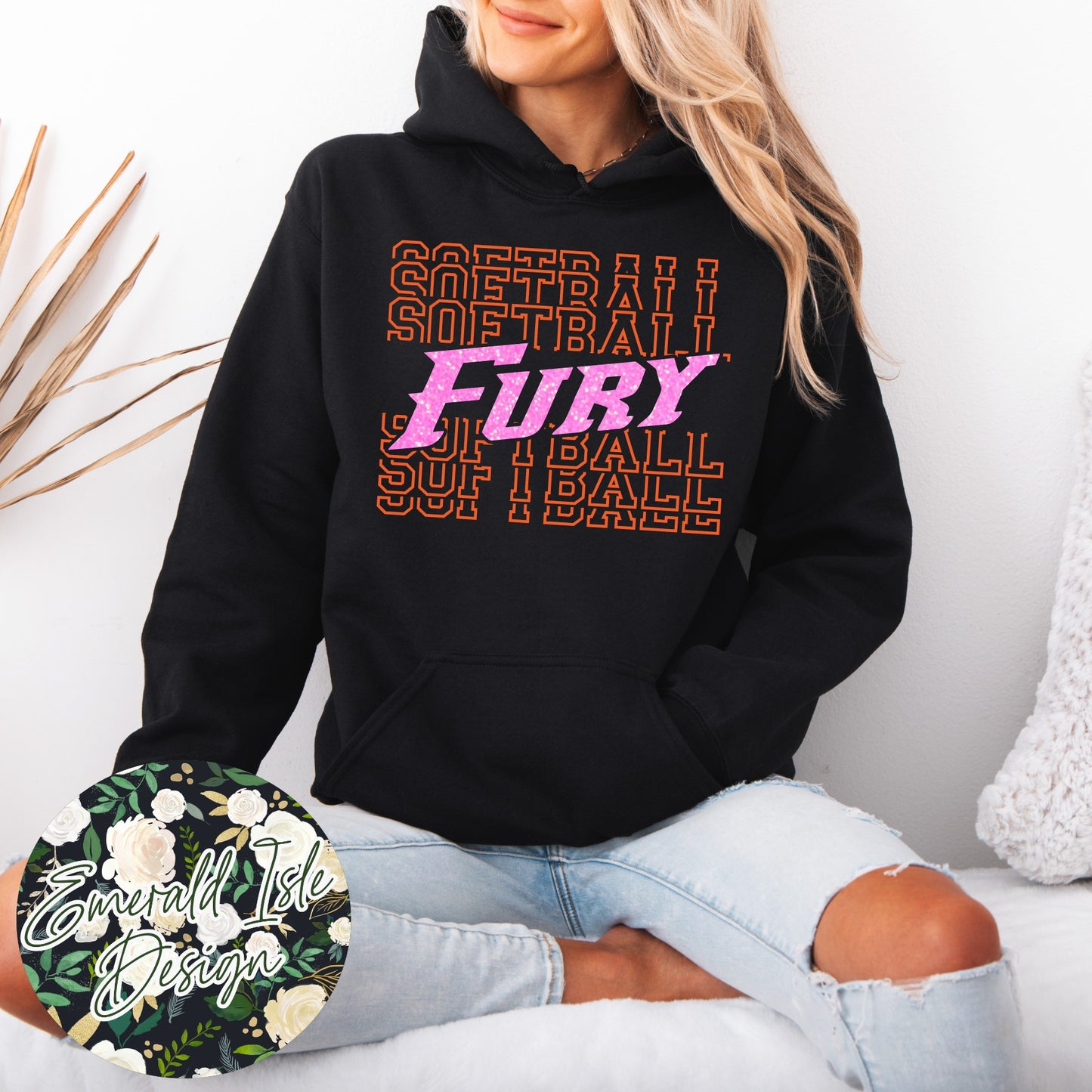 Fury Softball Repeat Design with Option of Glitter or Metallic Puff Design On Gildan Unisex Apparel