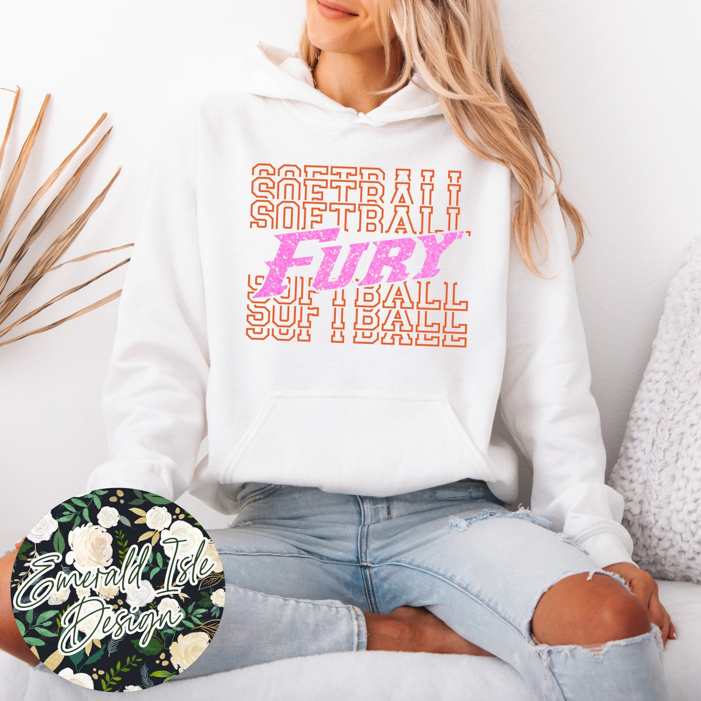 Fury Softball Repeat Design with Option of Glitter or Metallic Puff Design On Gildan Unisex Apparel