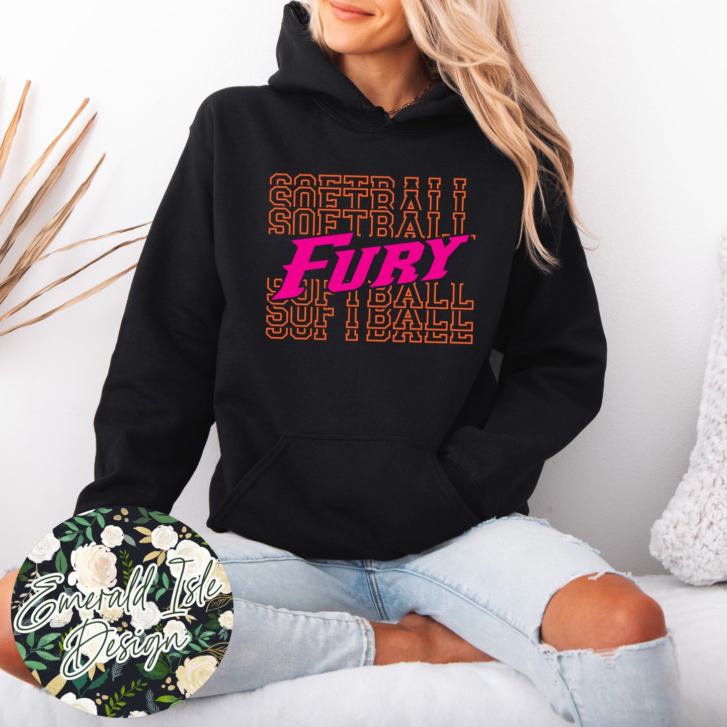 Fury Softball Repeat Design with Option of Glitter or Metallic Puff Design On Gildan Unisex Apparel