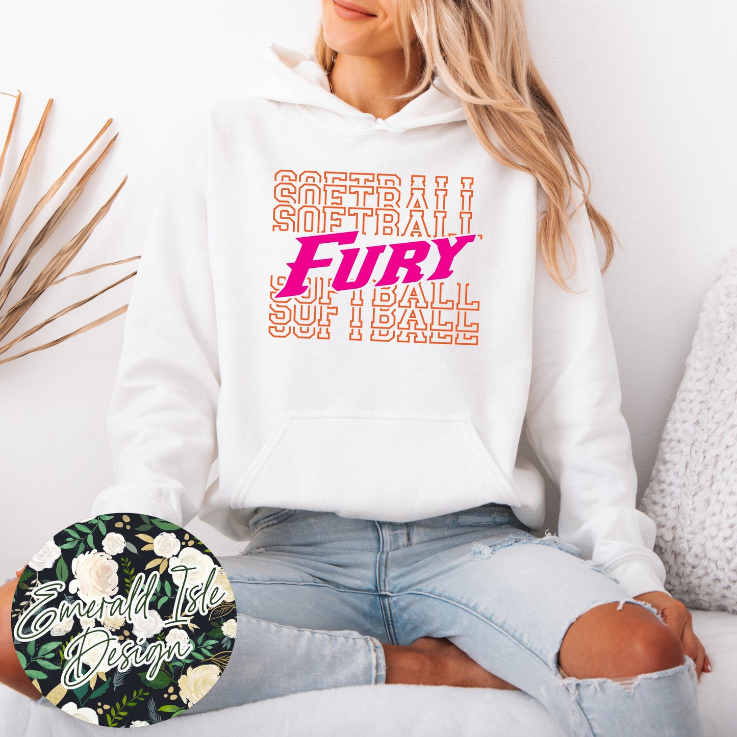Fury Softball Repeat Design with Option of Glitter or Metallic Puff Design On Gildan Unisex Apparel