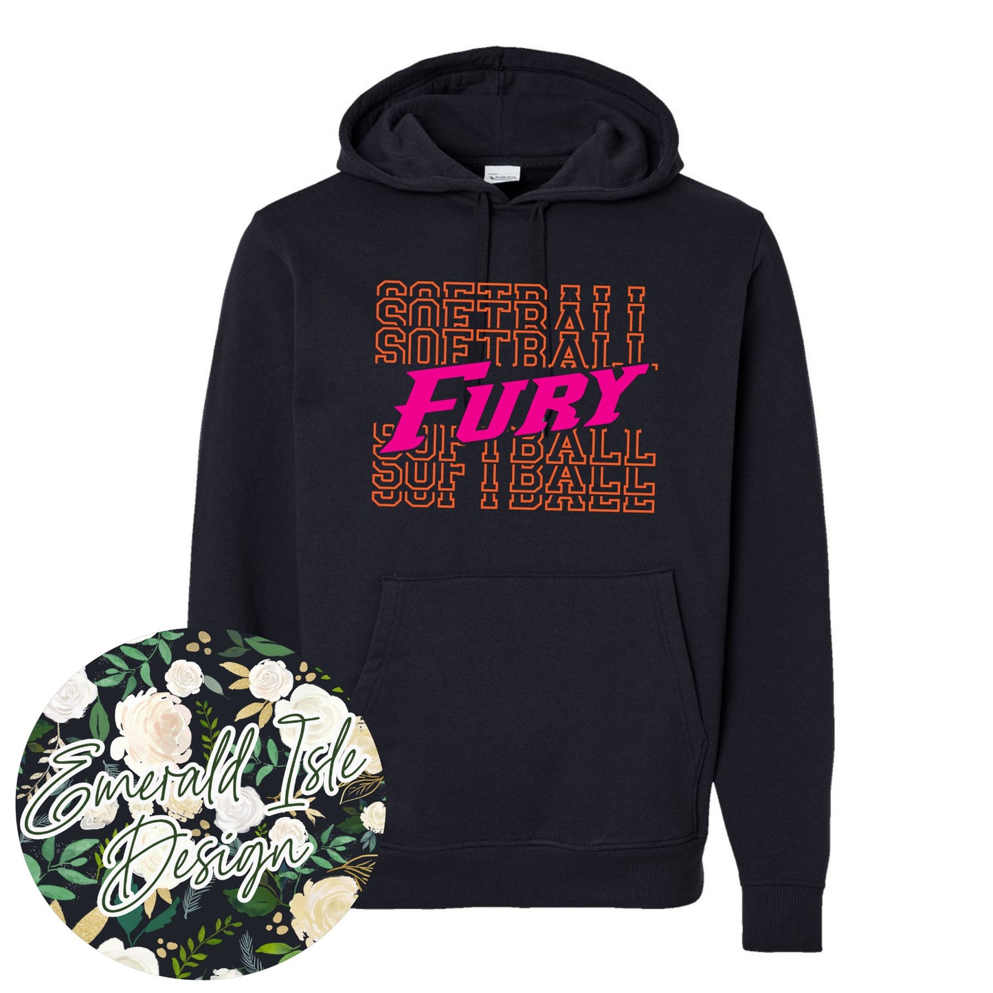 Fury Softball Repeat Design with Option of Glitter or Metallic Puff On Augusta Performance Apparel
