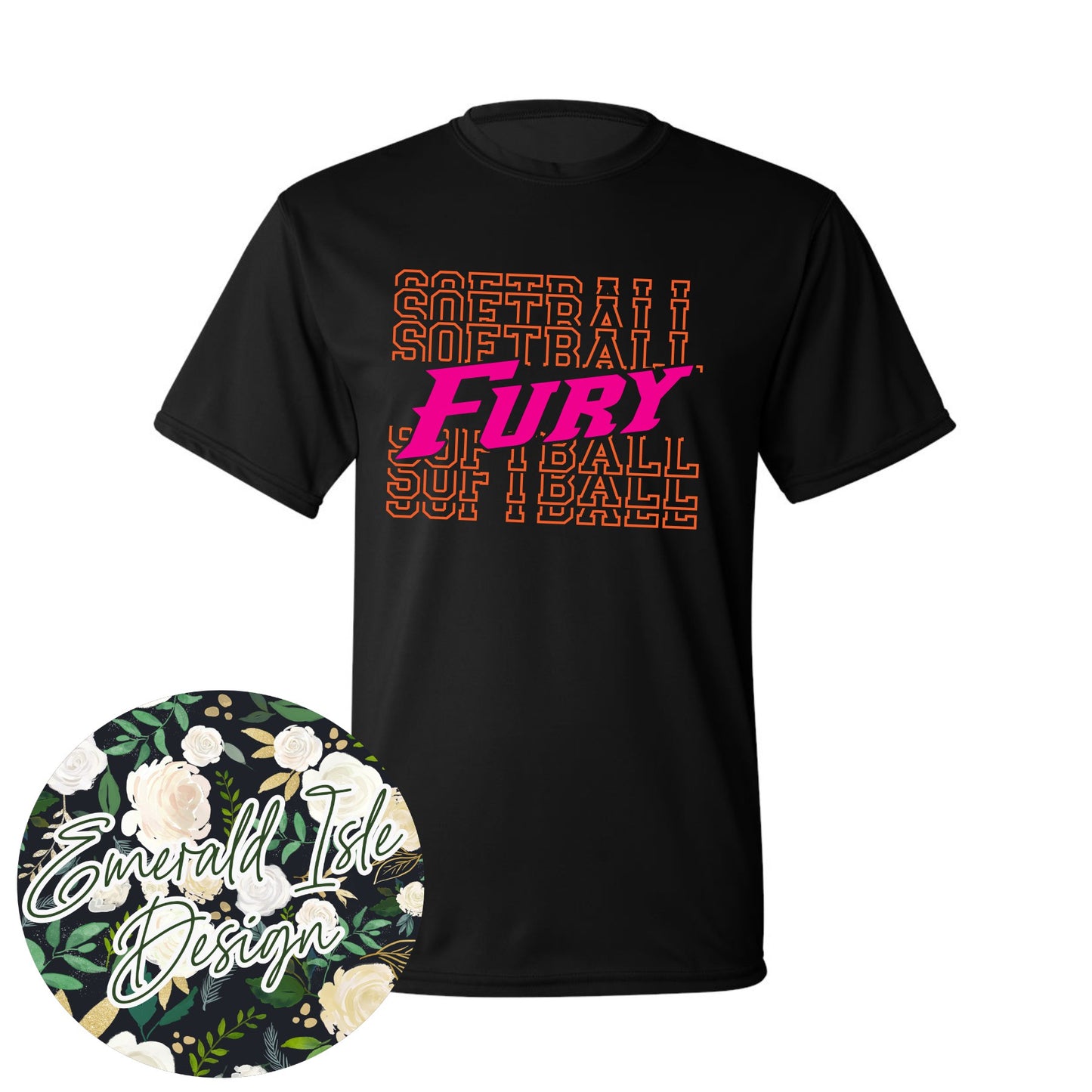 Fury Softball Repeat Design with Option of Glitter or Metallic Puff On Augusta Performance Apparel
