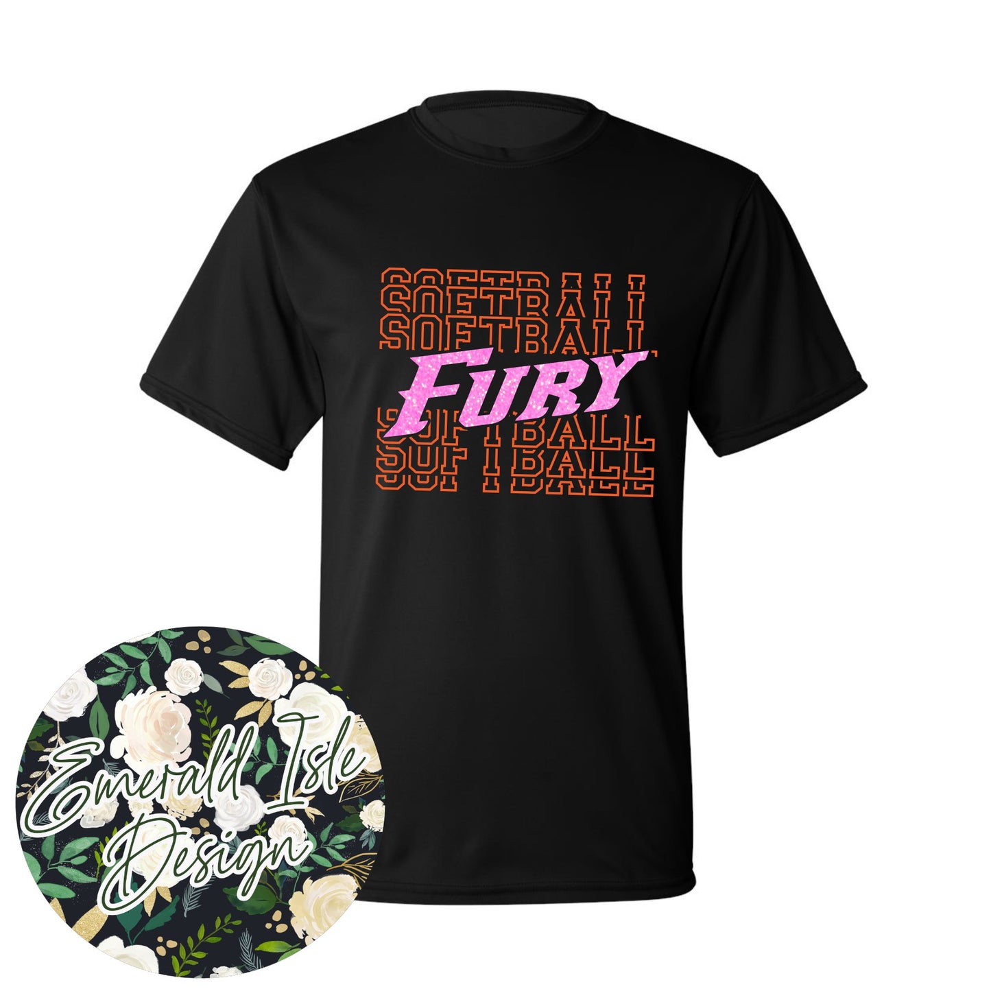 Fury Softball Repeat Design with Option of Glitter or Metallic Puff On Augusta Performance Apparel