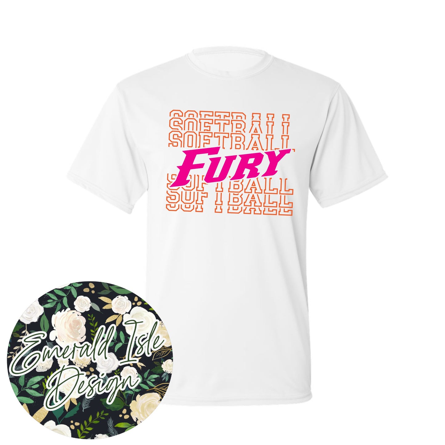 Fury Softball Repeat Design with Option of Glitter or Metallic Puff On Augusta Performance Apparel