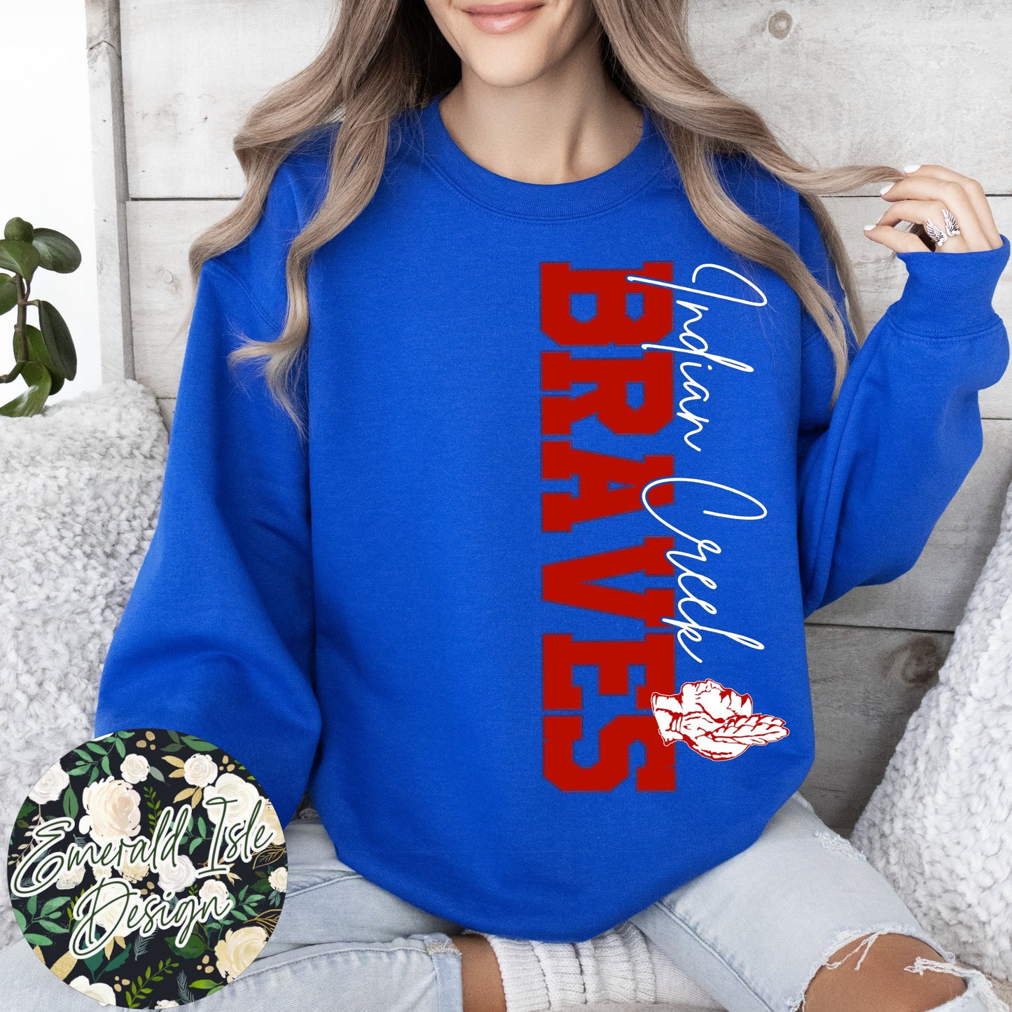 Indian Creek OVERSIZED Vertical Varsity Design Crewneck Sweatshirt