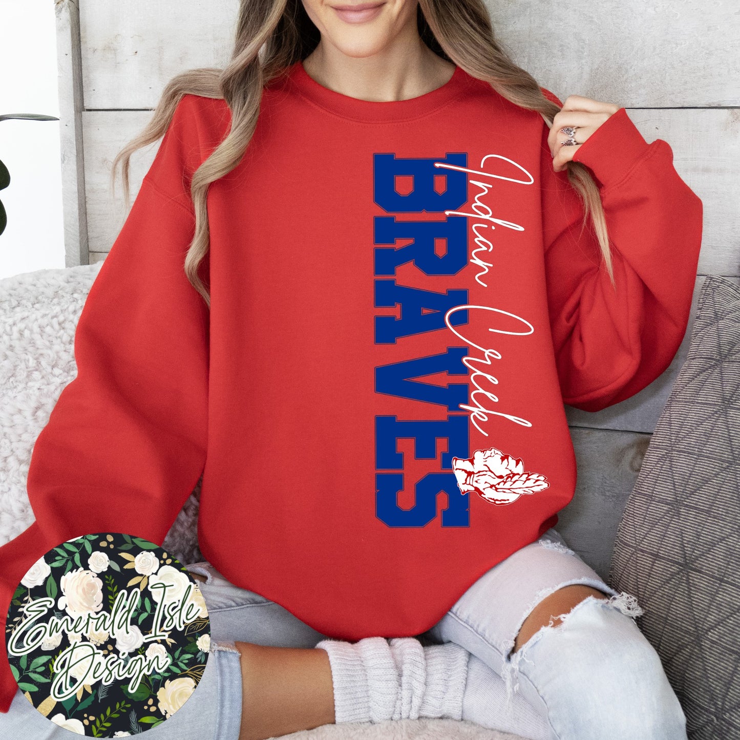 Indian Creek OVERSIZED Vertical Varsity Design Crewneck Sweatshirt