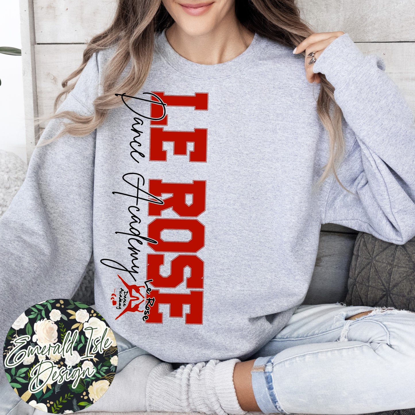 Le Rose Dance Academy OVERSIZED Vertical Varsity Design Crewneck Sweatshirt