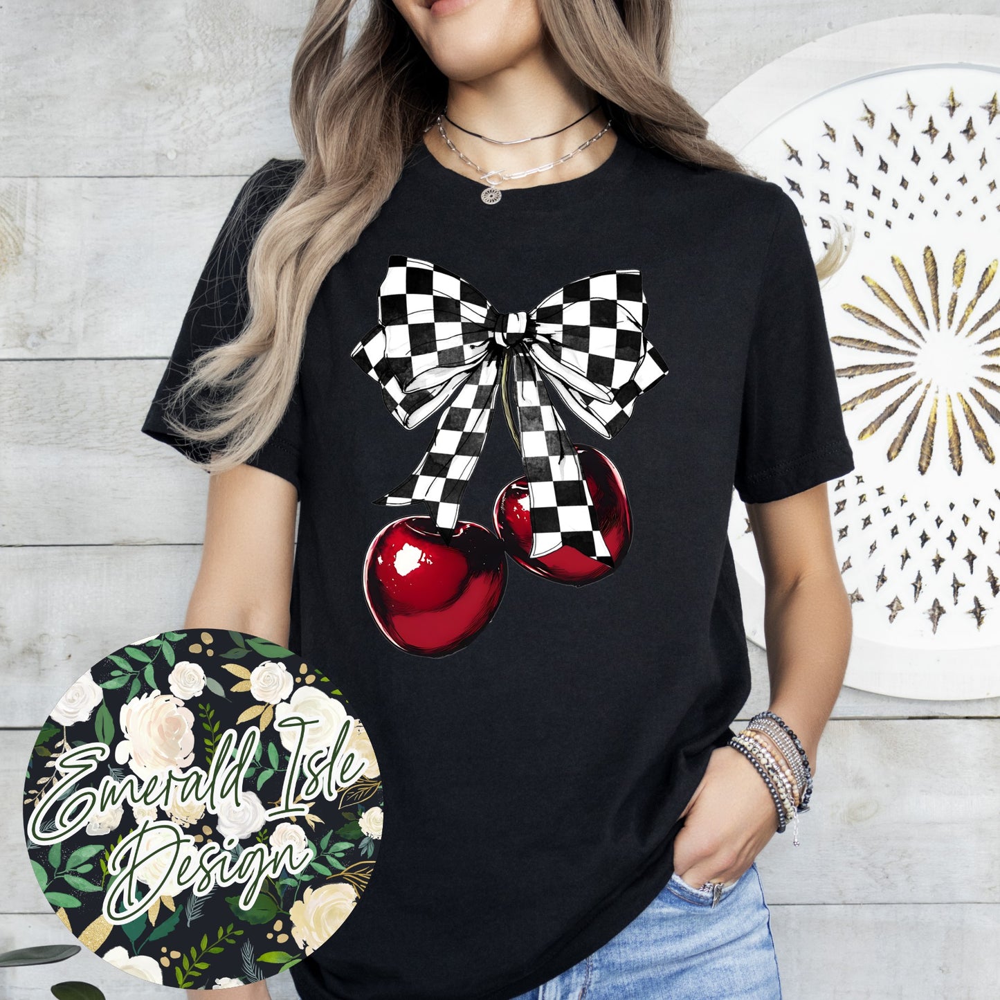 Checkered Bow Cherries Design