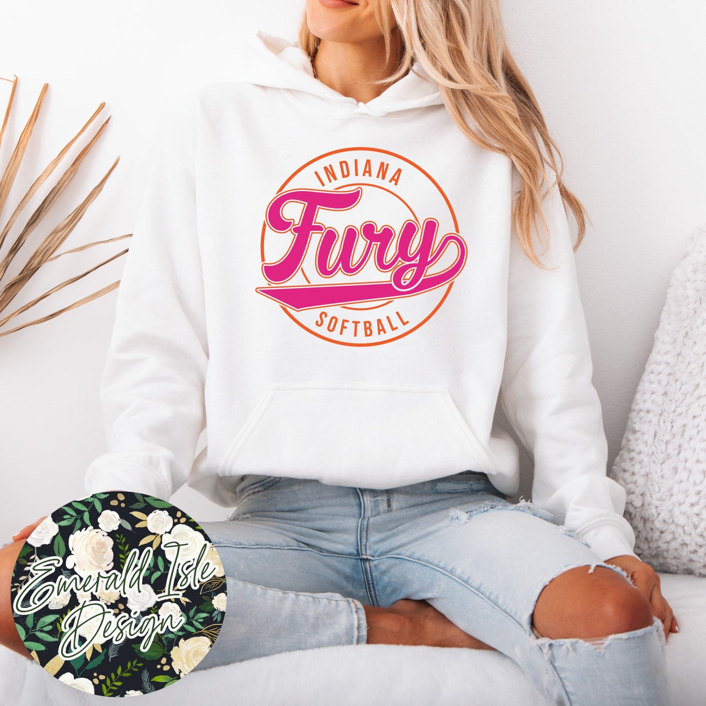 Indiana Fury Softball Retro Circle Design with Option of Glitter or Metallic Puff Design On Gildan Unisex Apparel