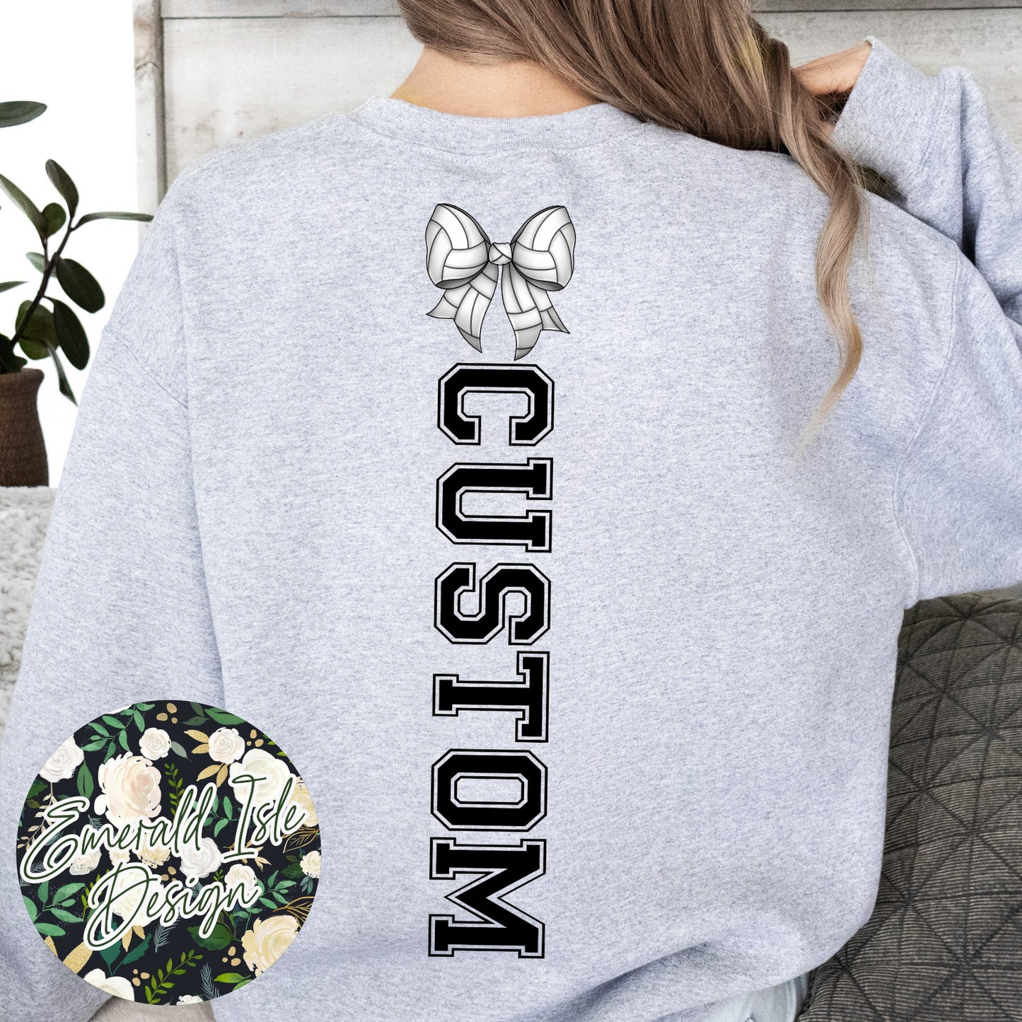 Volleyball Mom Bow with CUSTOM OVERSIZED BACK Design Crewneck Sweatshirt