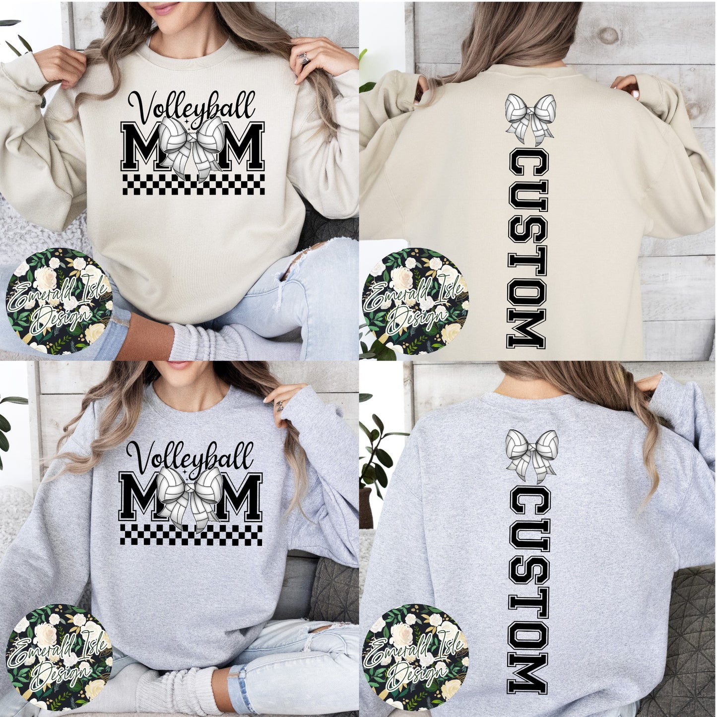 Volleyball Mom Bow with CUSTOM OVERSIZED BACK Design Crewneck Sweatshirt
