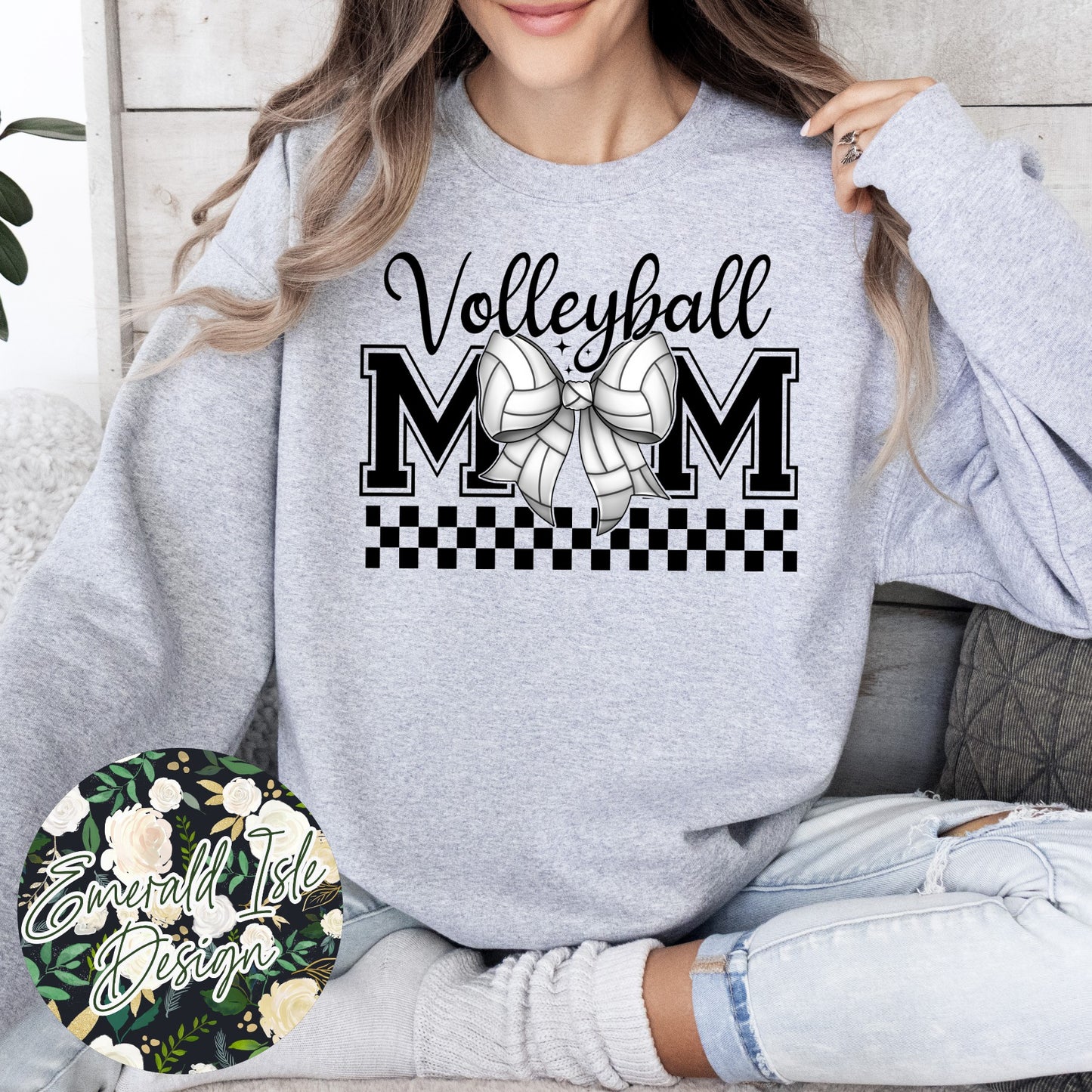 Volleyball Mom Bow with CUSTOM OVERSIZED BACK Design Crewneck Sweatshirt