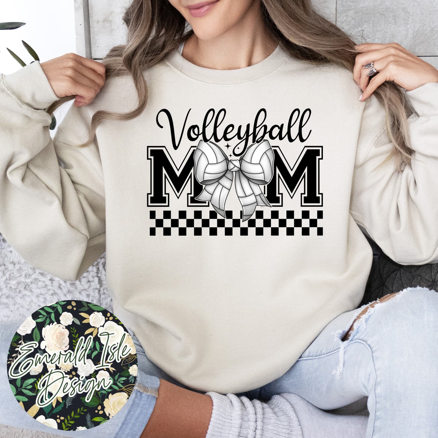 Volleyball Mom Bow with CUSTOM OVERSIZED BACK Design Crewneck Sweatshirt