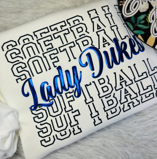 Lady Dukes Softball Repeat Metallic Puff Design