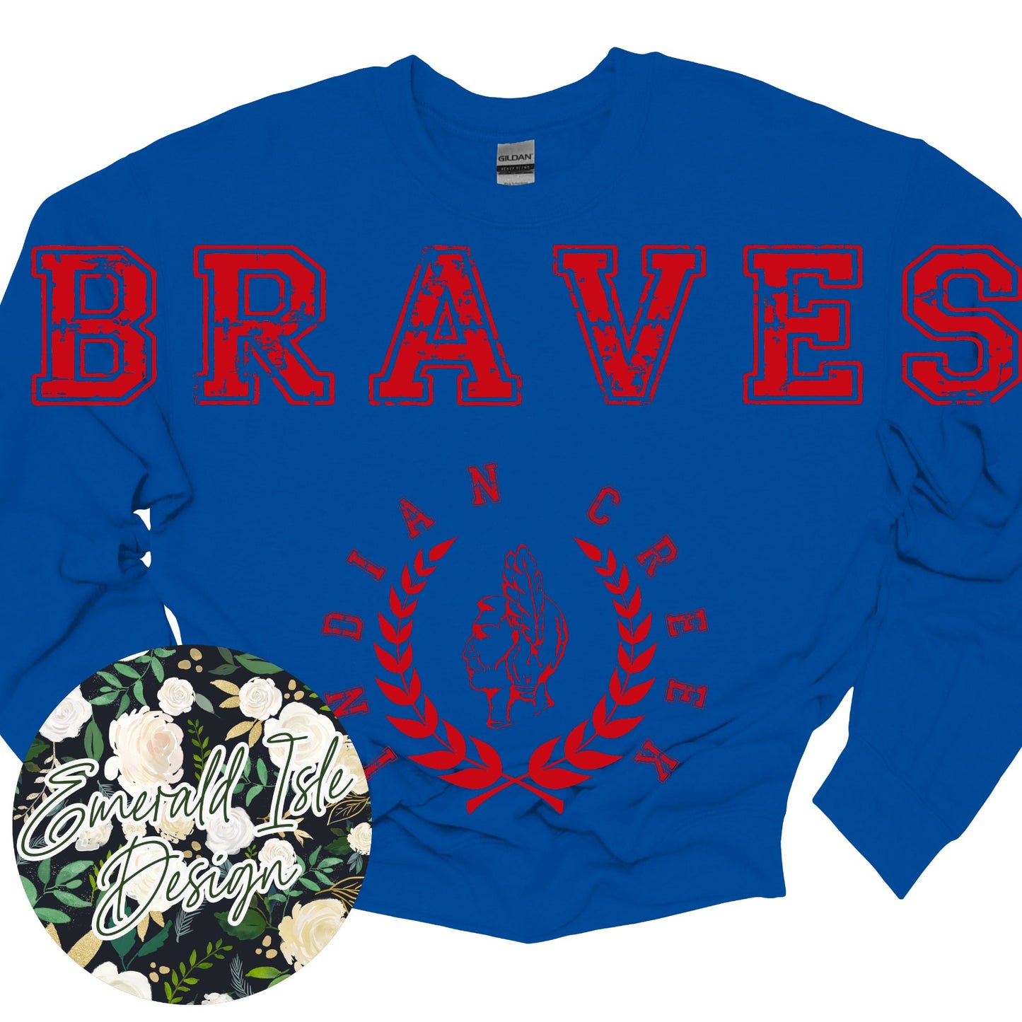 Indian Creek Braves Oversized Horizontal Design on Crewneck Sweatshirt