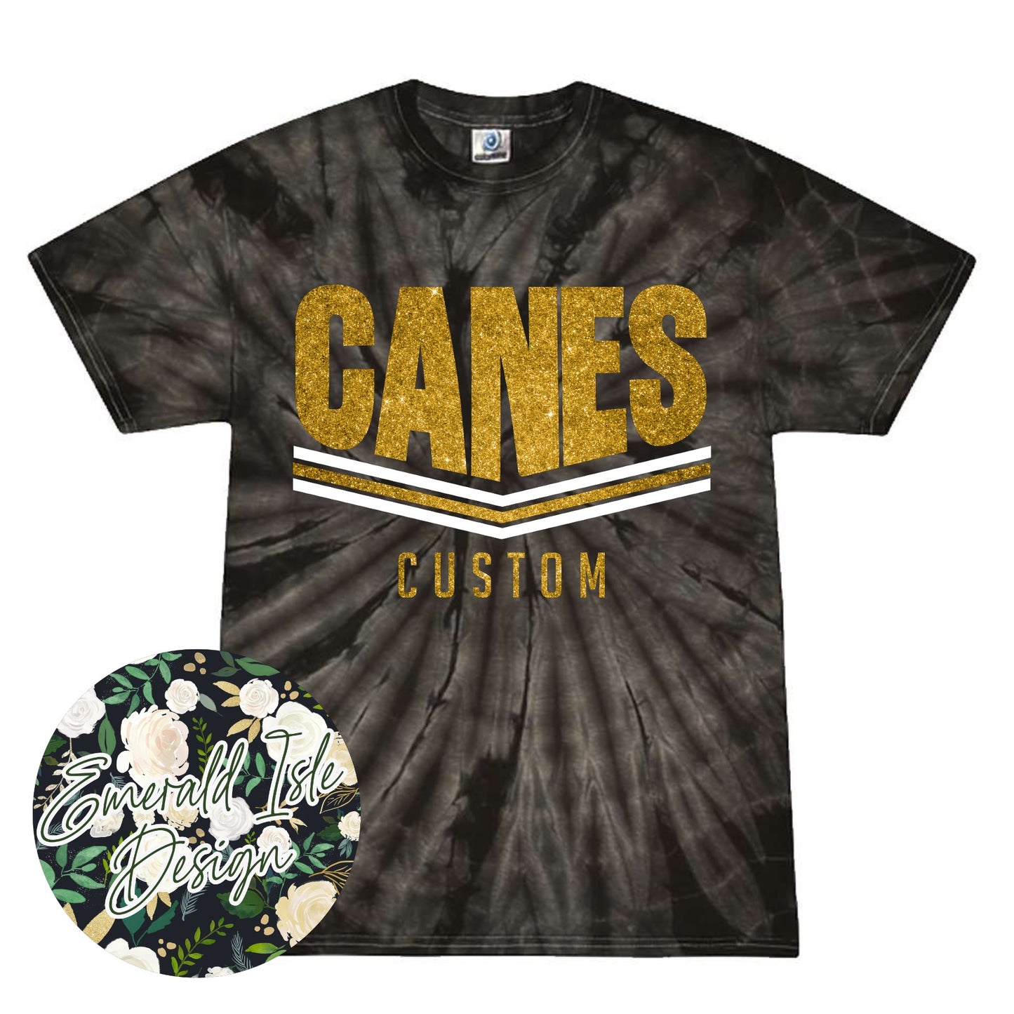 Canes Glitter Stripes Design on Tie Dye with Option for Custom Word at the Bottom