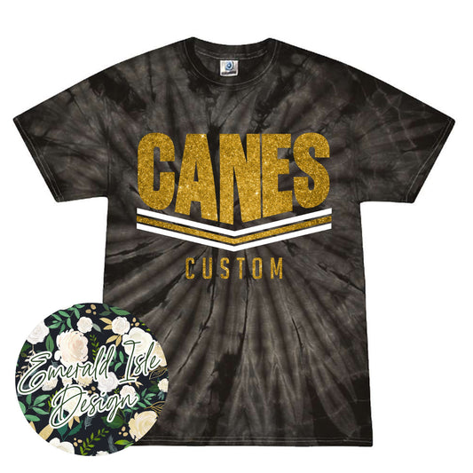 Canes Glitter Stripes Design on Tie Dye with Option for Custom Word at the Bottom