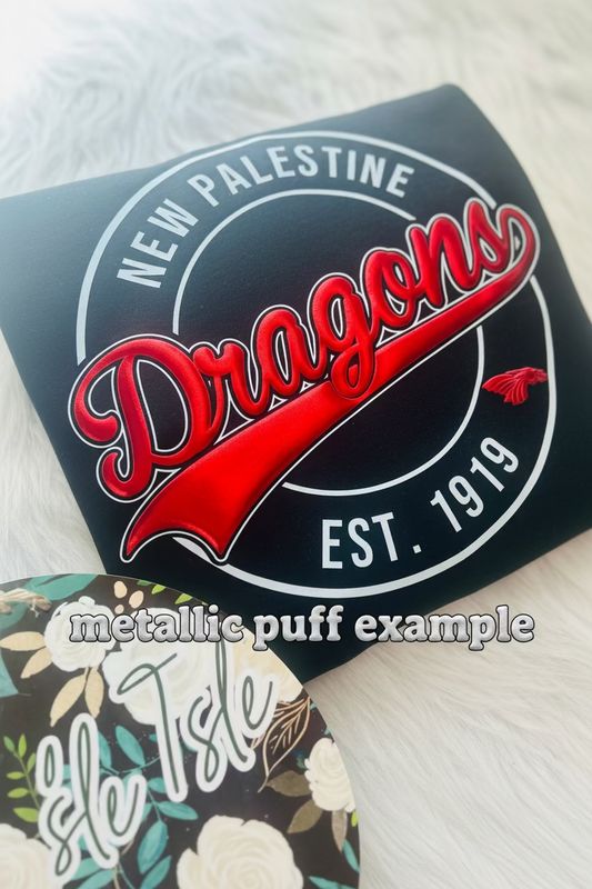 New Palestine Dragons Metallic Puff Circle Design