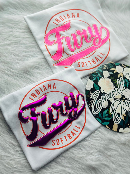 Indiana Fury Softball Retro Circle Design with Option of Glitter or Metallic Puff Design On Gildan Unisex Apparel