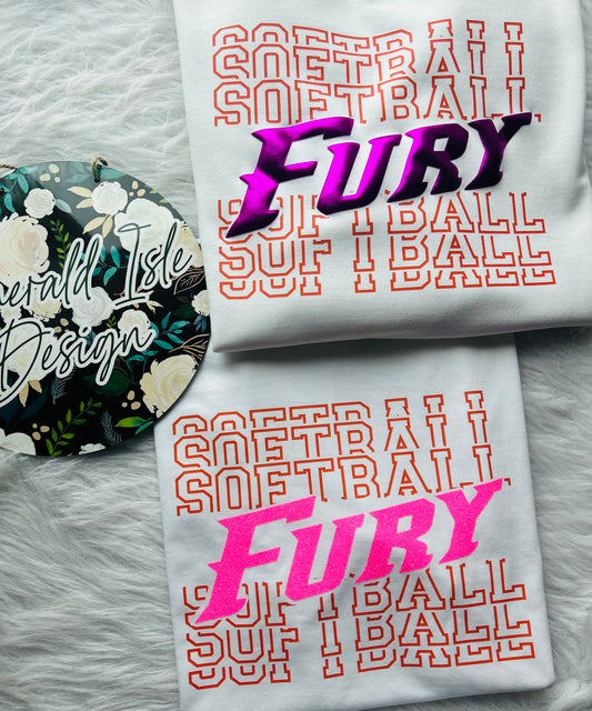 Fury Softball Repeat Design with Option of Glitter or Metallic Puff Design On Gildan Unisex Apparel