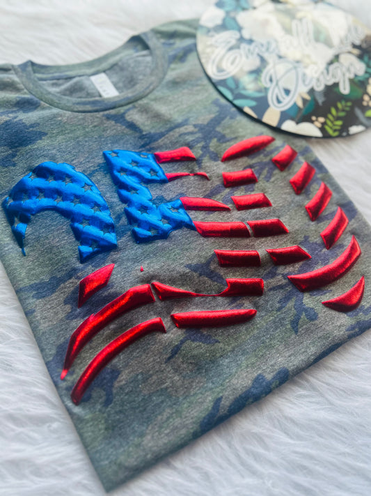 250 American Flag Metallic Puff Design on Camo Unisex T