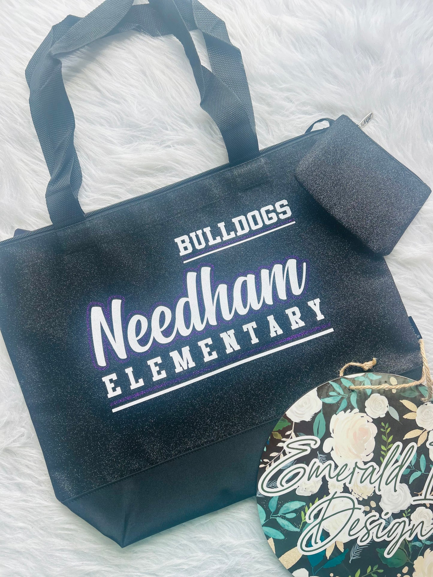 Custom Needham Elementary Bulldogs Black Glitter Canvas Tote with Attached Coin Purse