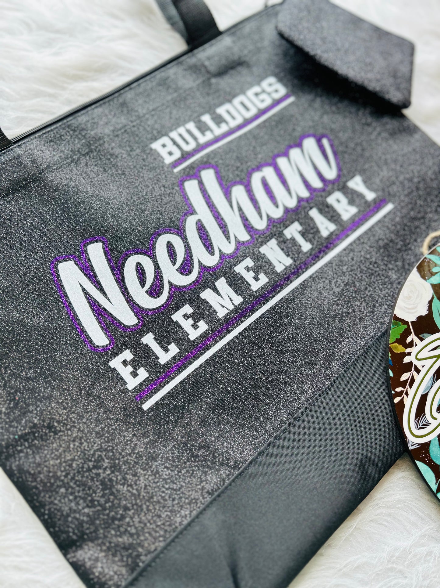 Custom Needham Elementary Bulldogs Black Glitter Canvas Tote with Attached Coin Purse
