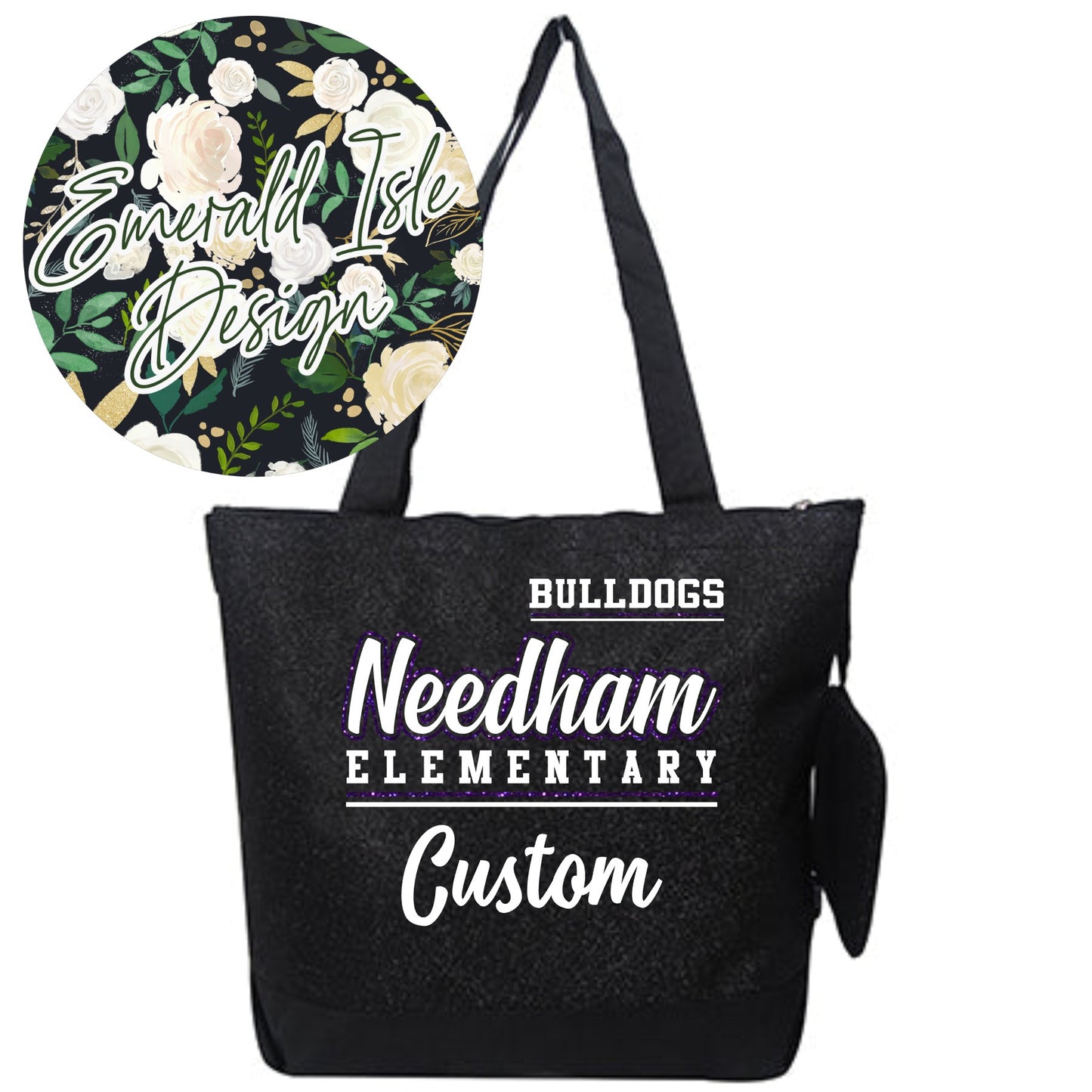 Custom Needham Elementary Bulldogs Black Glitter Canvas Tote with Attached Coin Purse