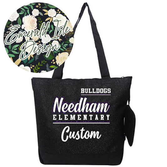 Custom Needham Elementary Bulldogs Black Glitter Canvas Tote with Attached Coin Purse