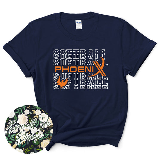 Phoenix Softball Repeat Design with Options of Flat Orange, Orange Glitter, and Orange Metallic Puff