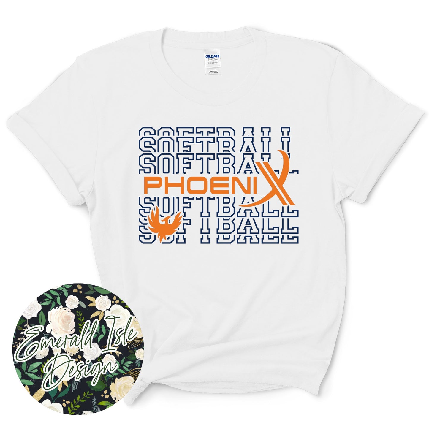 Phoenix Softball Repeat Design with Options of Flat Orange, Orange Glitter, and Orange Metallic Puff