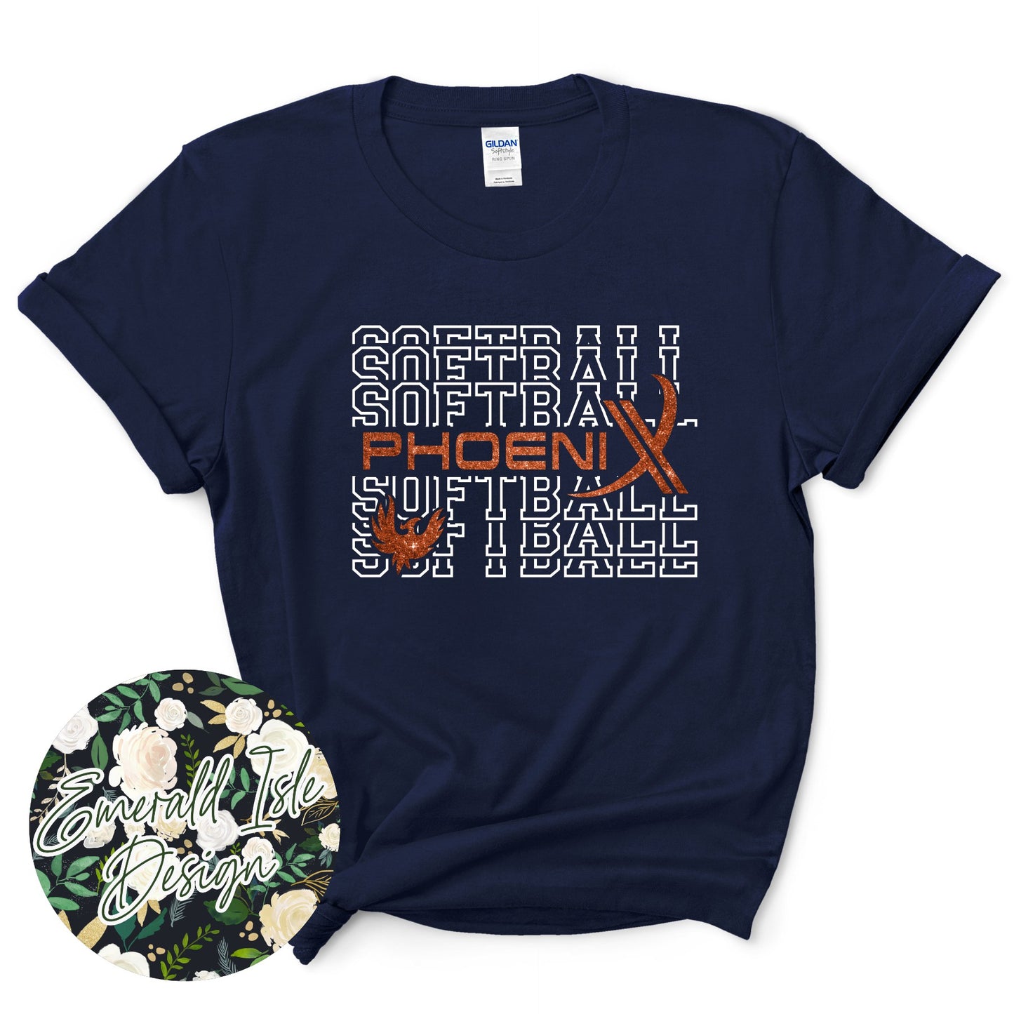 Phoenix Softball Repeat Design with Options of Flat Orange, Orange Glitter, and Orange Metallic Puff