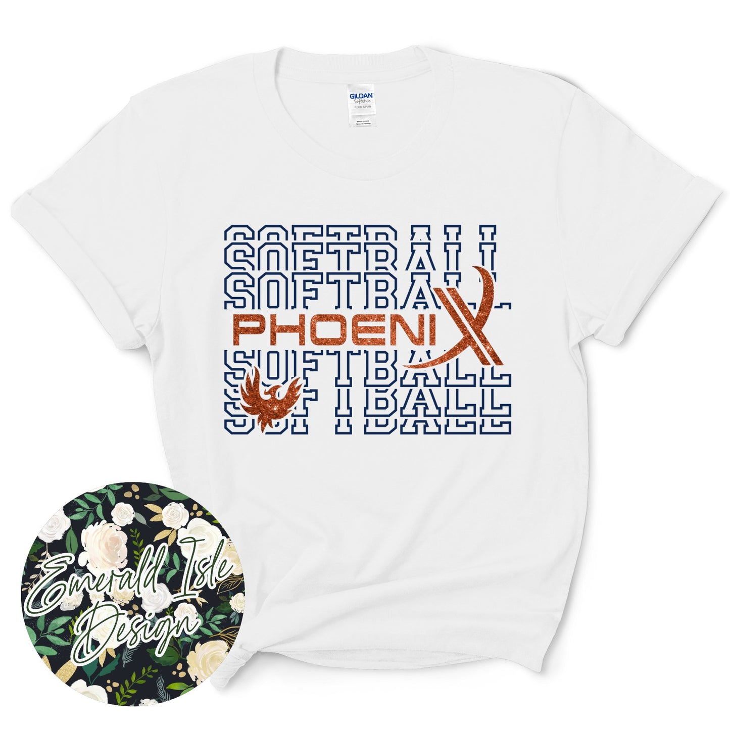 Phoenix Softball Repeat Design with Options of Flat Orange, Orange Glitter, and Orange Metallic Puff