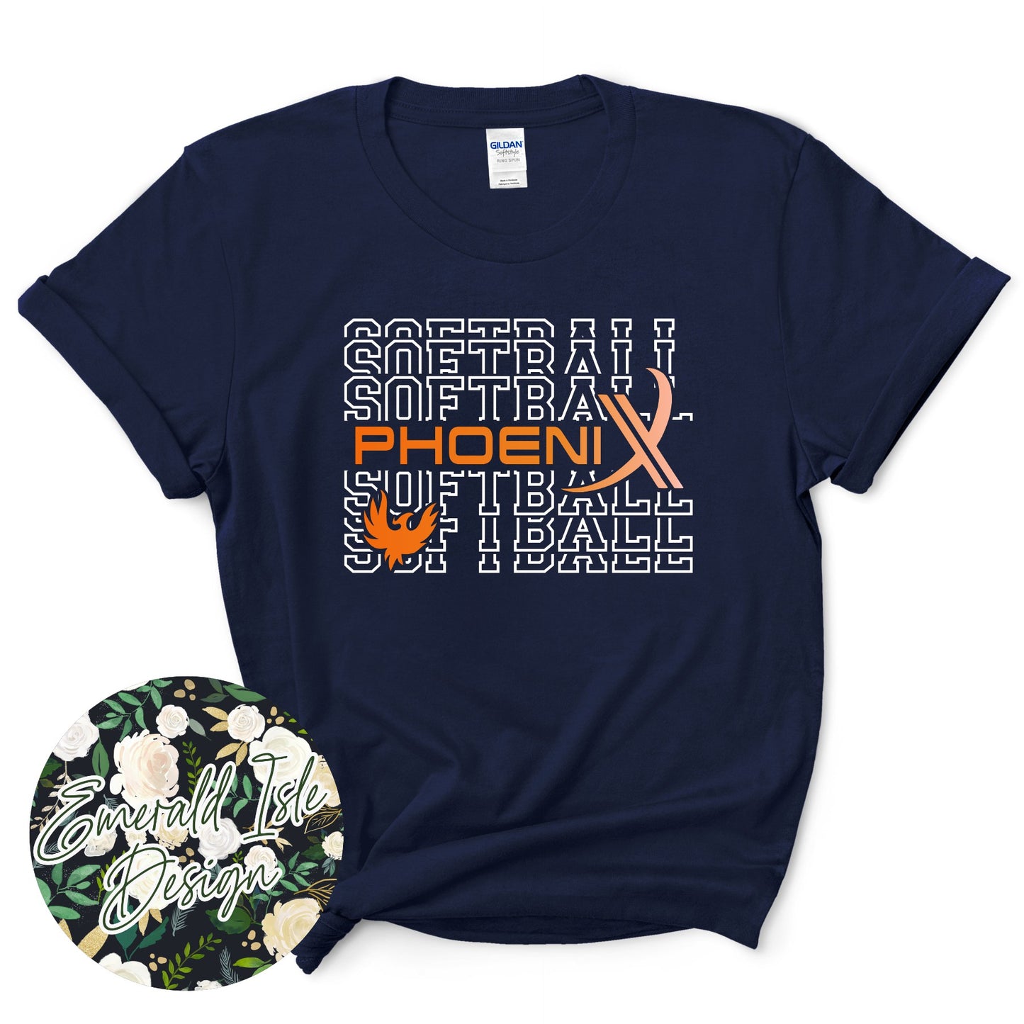 Phoenix Softball Repeat Design with Options of Flat Orange, Orange Glitter, and Orange Metallic Puff
