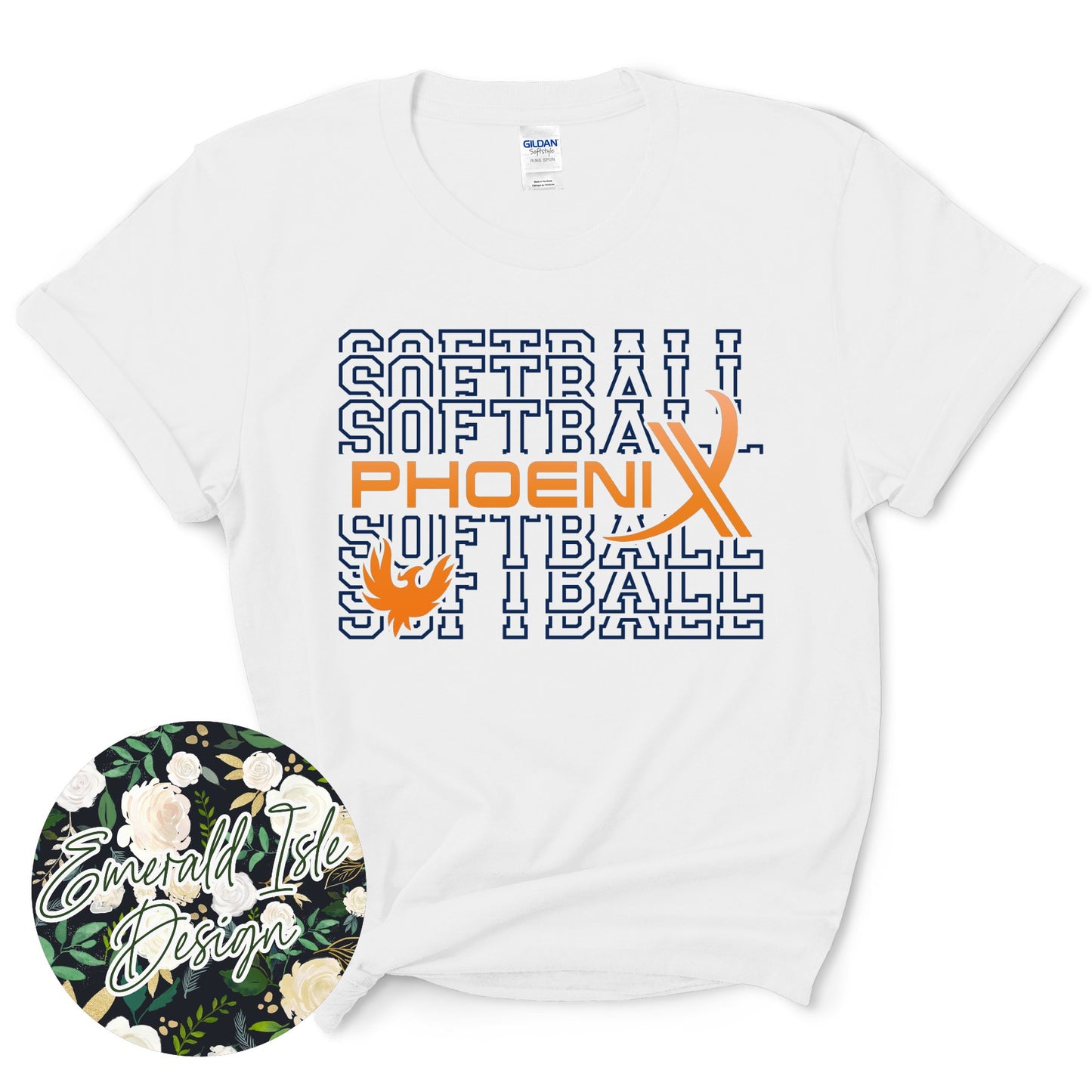 Phoenix Softball Repeat Design with Options of Flat Orange, Orange Glitter, and Orange Metallic Puff